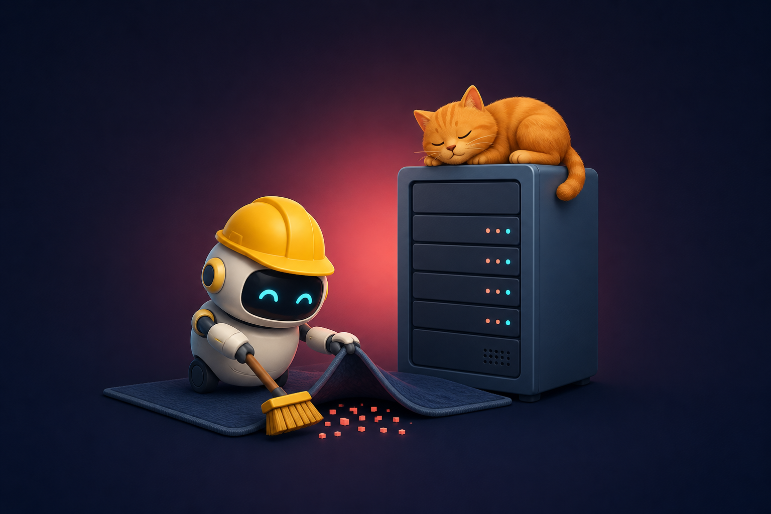 Ein kleiner Wartungsroboter fegt Pixel unter einen Teppich, während eine Katze auf einem Server schläft